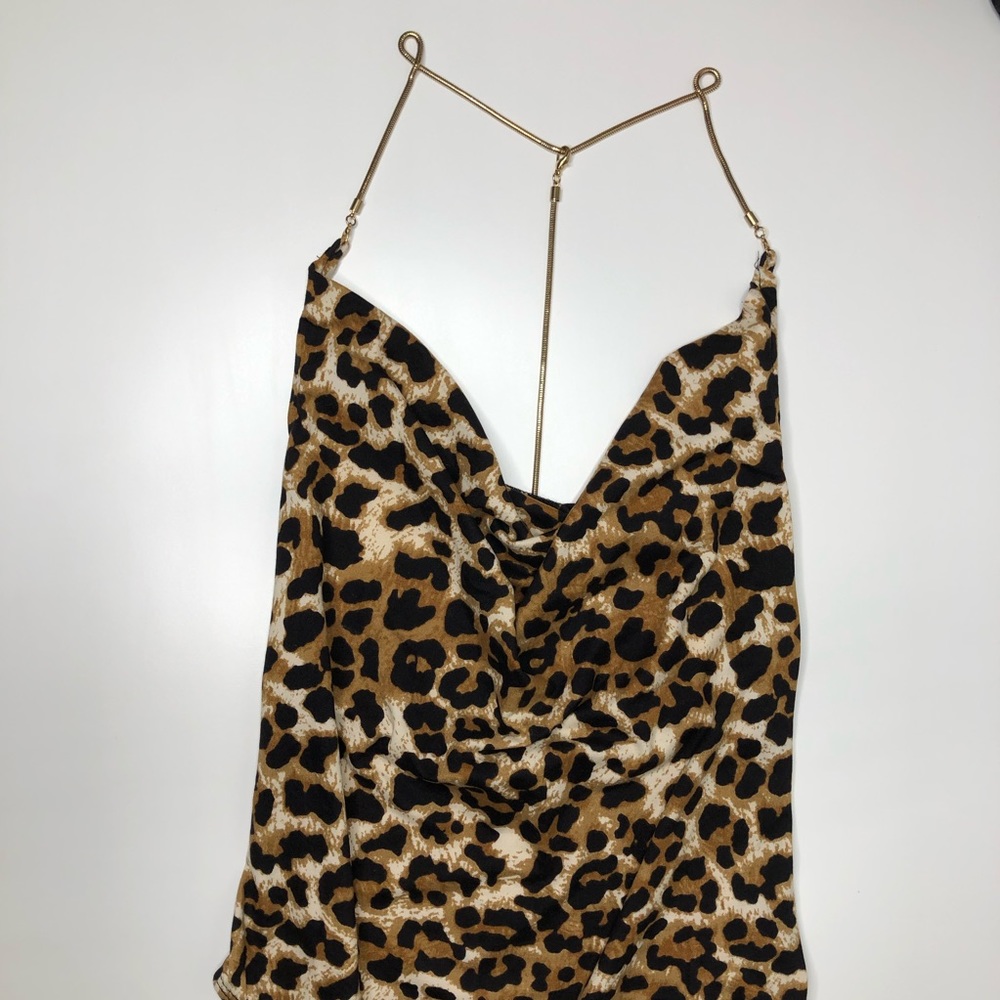 SHEIN Cheetah Print Chain Strap Backless Draped Neck Bodysuit S